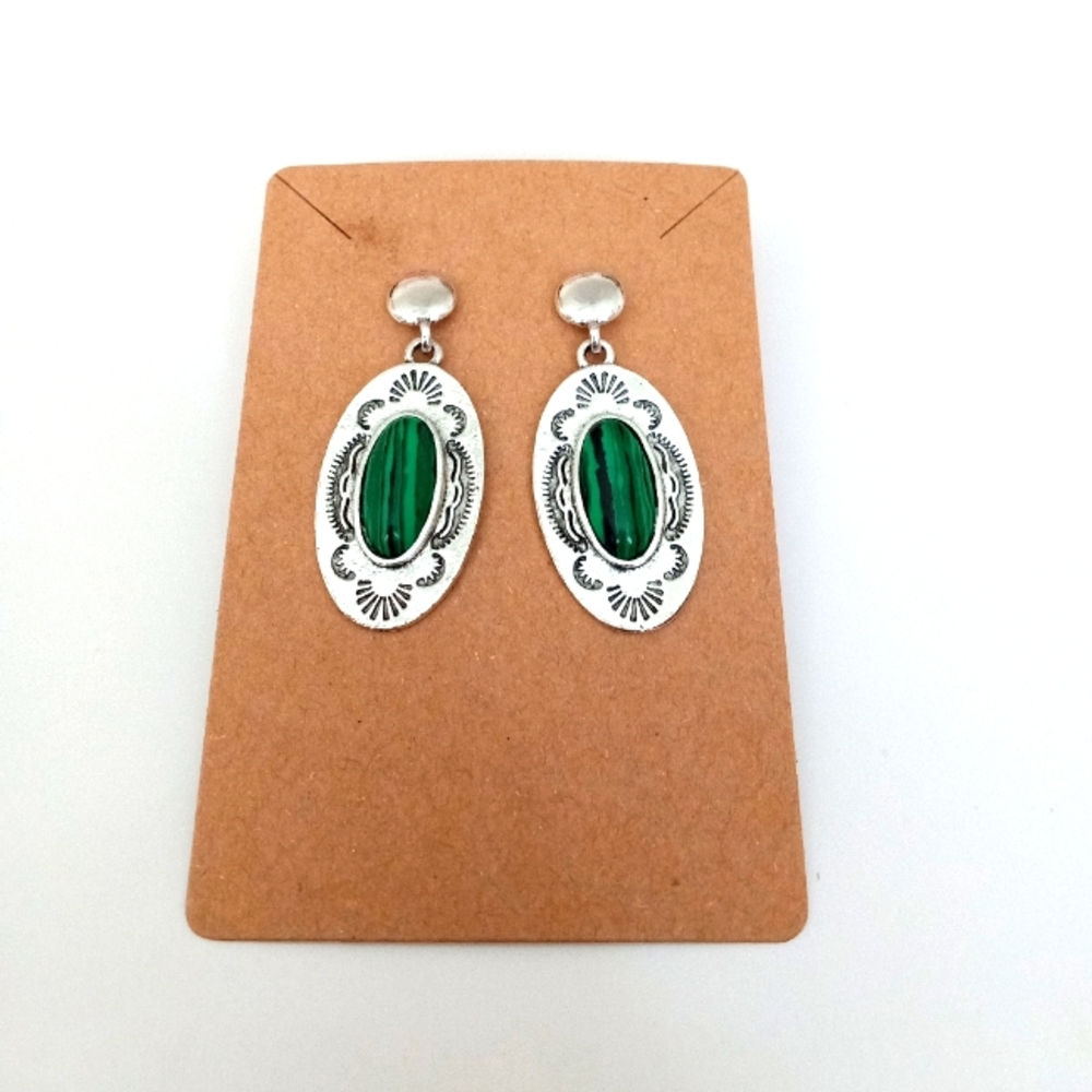 Silver and Green Oval Earrings